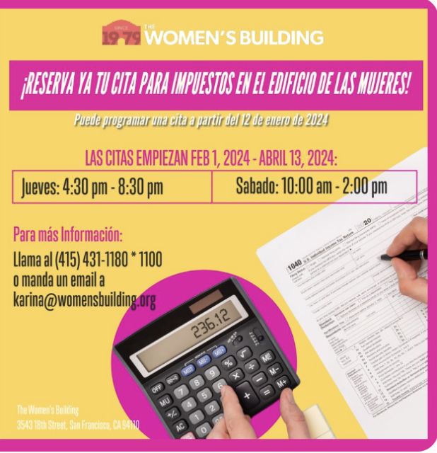Advertisement for tax preparation appointments at the women's building with dates, times, and contact information, featuring an image of a calculator displaying time.